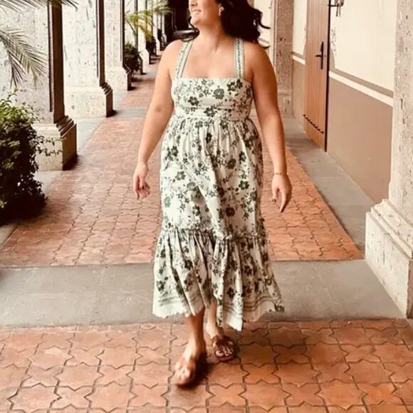 Cara Cara White Green Floral Midi Dress MEDIUM Ruffle Cottagecore Designer $525 - Picture 12 of 14
